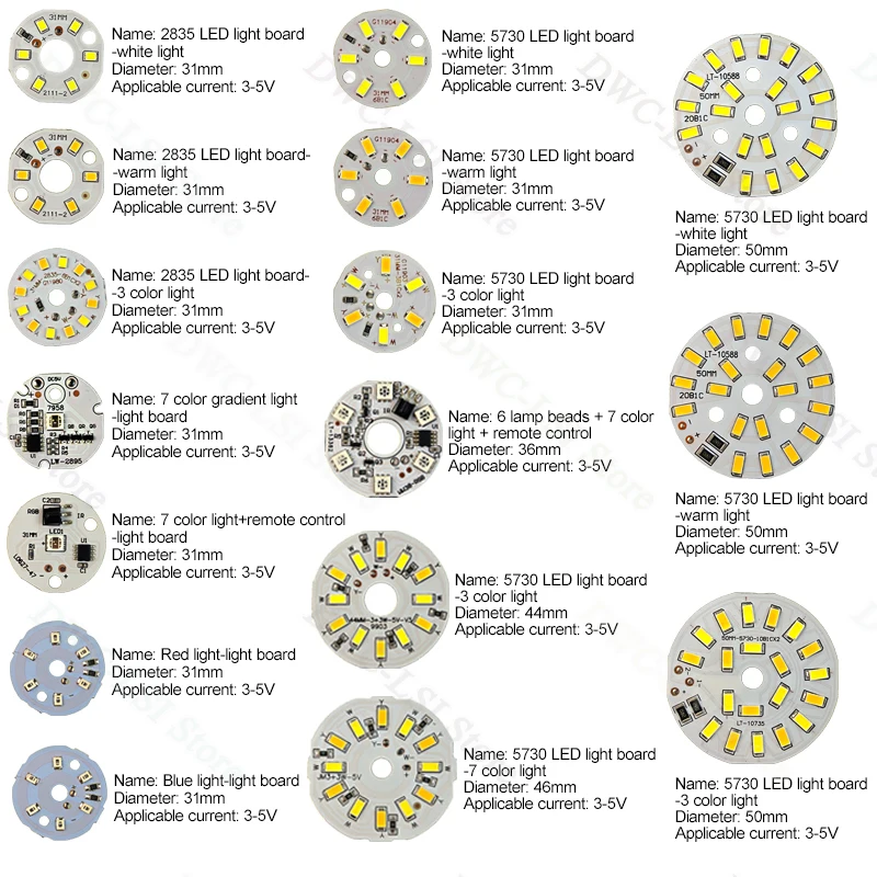 3/5/10 قطعة لوحة إضاءة LED مستديرة تيار مستمر 5 فولت 3 واط الجهد المنخفض 5730 2835 SMD المصابيح 3000 كيلو دافئ أو أبيض 6000 كيلو عكس الضوء لمبة مصباح لوحة