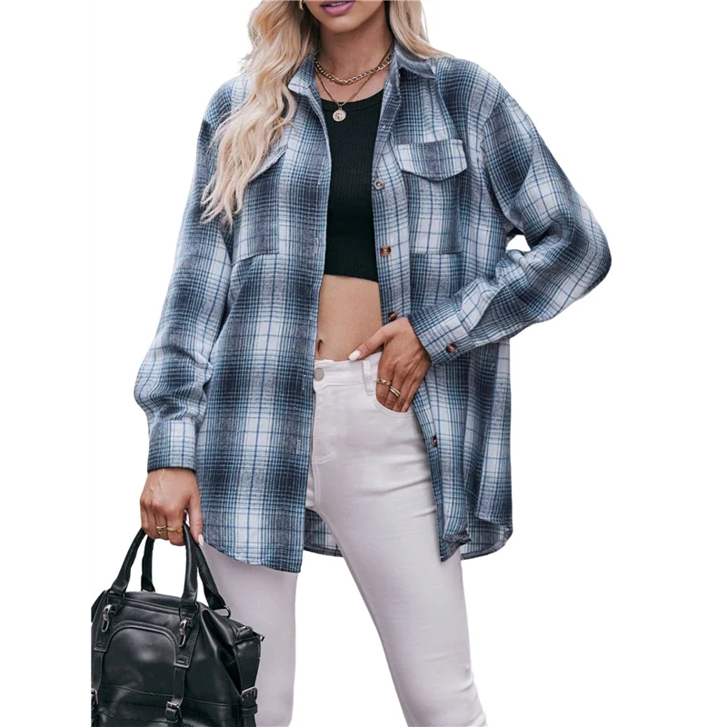 

NEW-Women's Flannel Plaid Button-Down Shirt Oversized Long Sleeve Short Sleeve Jacket Top