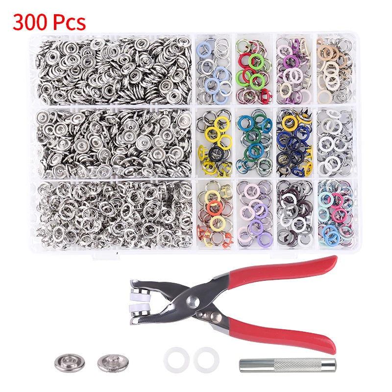 300 Sets Metal Button Plier Press Tools for 9.5mm Metal Snap Buttons Fasteners Press Rivets Poppers Baby Sliders Buckles Snap