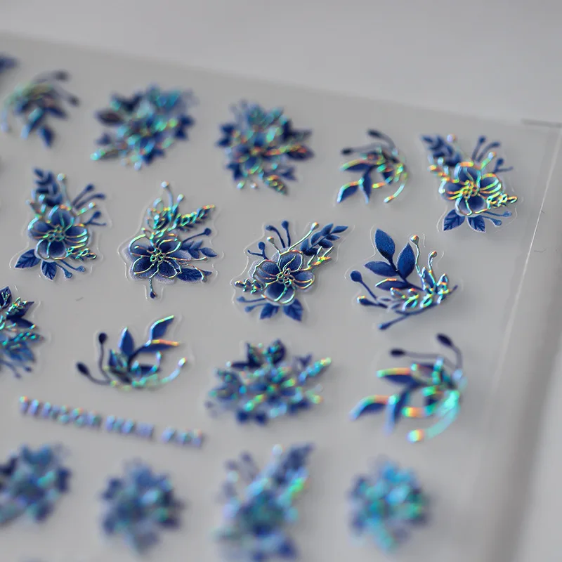 Acrylic Engraved Nail Sticker Holographi Blue Flowers Gold Line Self-Adhesive Nail Transfer Sliders Wraps Manicures Foils Z0661