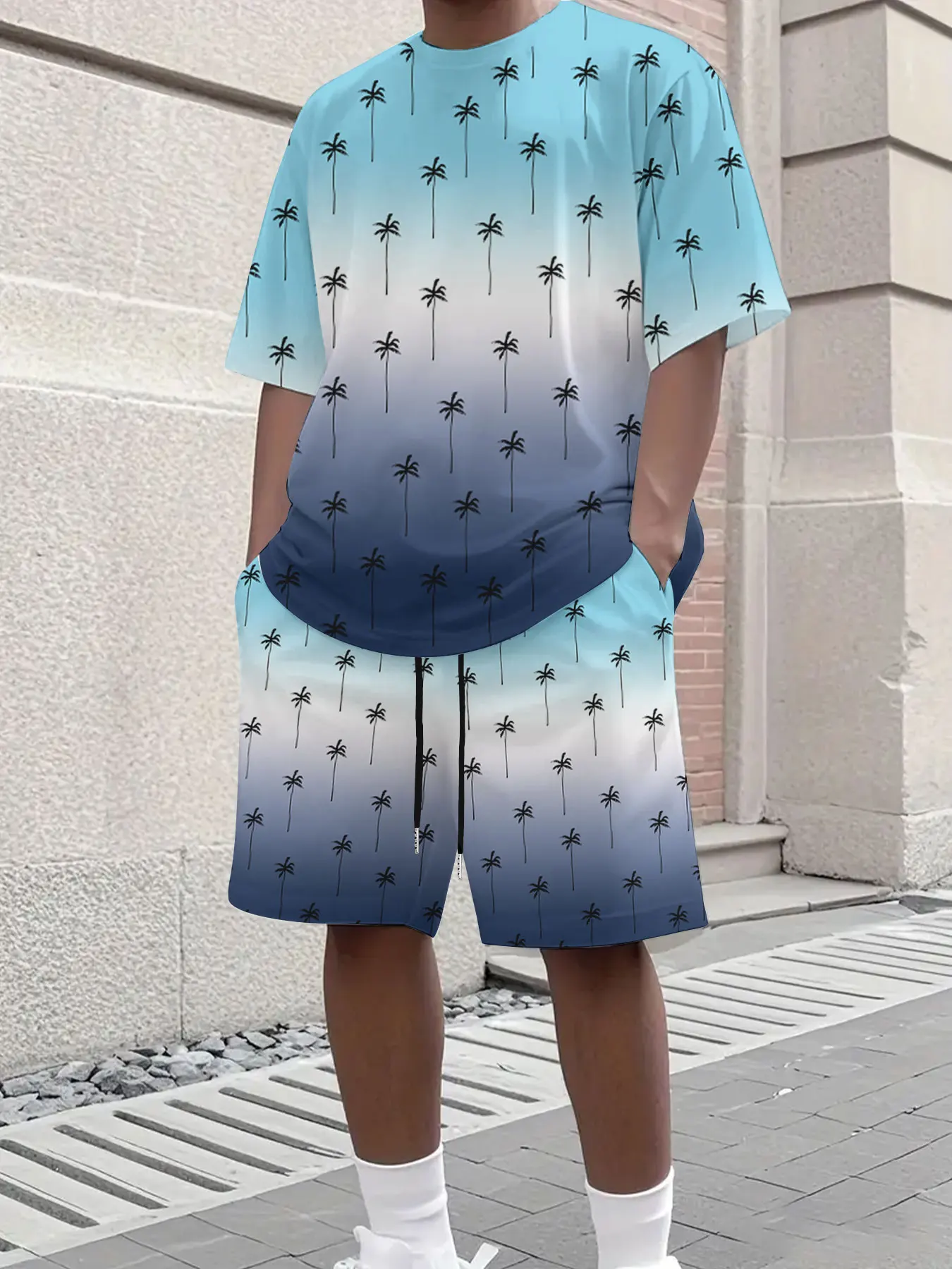 

Men's Gradient Three Color Palm Tree Print Beach Casual Loose Short Sleeve Drawstring Shorts Set