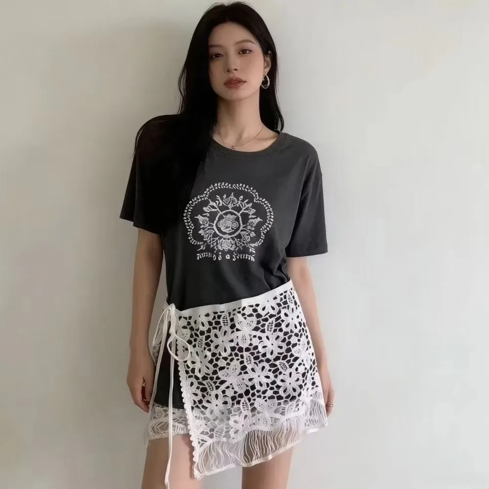 Lace Up Triangle Hip Scarf Detachable Tulle Crochet Short Skirt Wrap White Lace Trim Versatile Embroidery Waist Belt Festival
