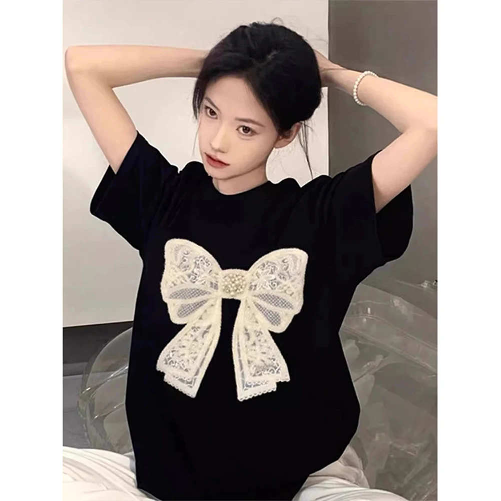 T-shirt con perline ricamate con fiocco che borda Top estetico Y2K XL Harajuku Lady Tees Articolo nuovo di zecca Top stile casual