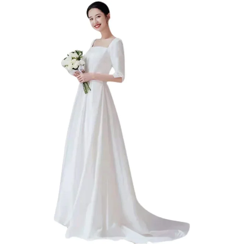 French medium-sleeved light wedding dress 2025 autumn new white simple satin trailing wedding