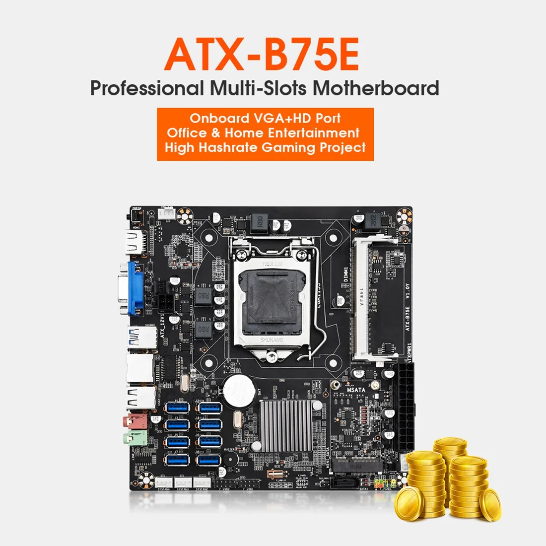 B75E 8 Card BTC Mining Motherboard+G630 CPU+SATA Cable B75 Chip LGA1155 DDR3 RAM MSATA ETH Miner Supports 8 USB3.0