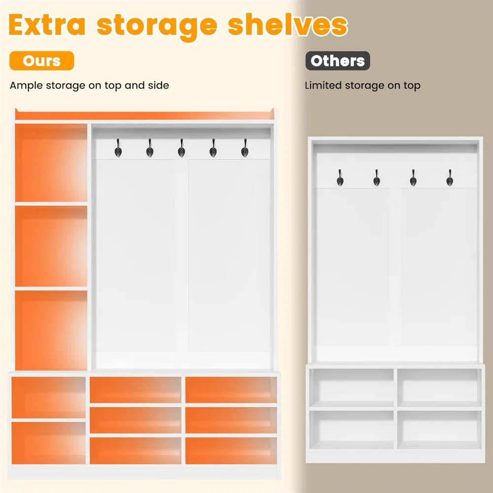 مقعد مدخل متعدد الوظائف 5 في 1 مع مساحة تخزين الأحذية ورف المعاطف وخطافات تعليق للتنظيم الأنيق