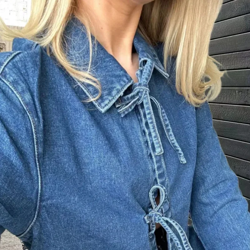 Denim Jacket Women Bow Jacket Polo Collar Long Sleeve  Pullover Jacket With Denim Ties England Style Pocket Thin Outdoor Coats