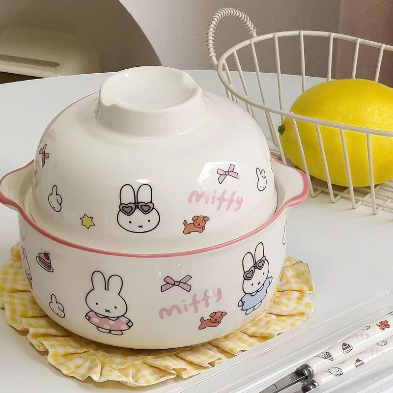 Cartoon Kawaii Miffy Amphora Large Capacity with Lid Ceramic Instant Noodles Easy To Clean Practical Durable New Style Good Look