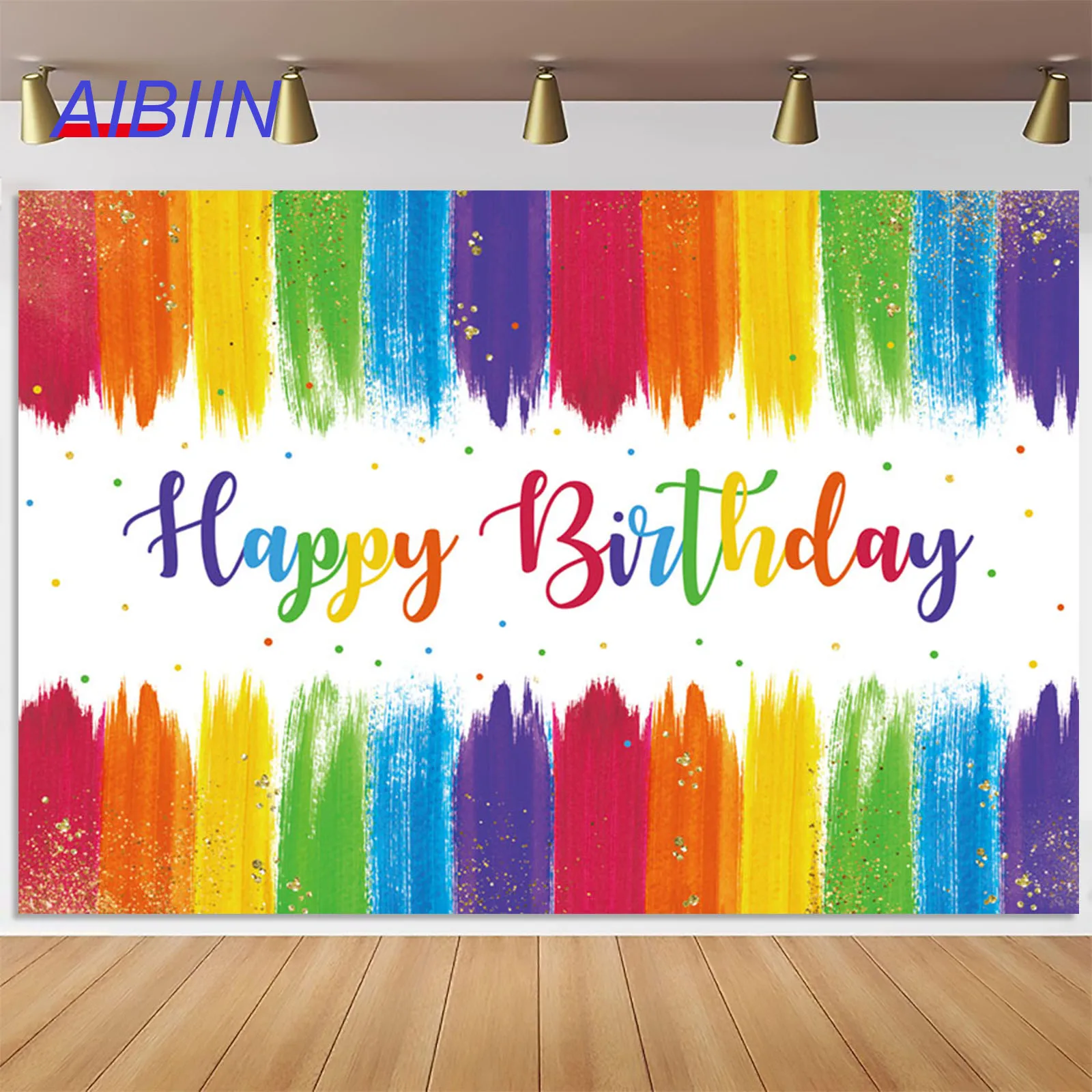 AIBIIN Paint Rainbow Happy Birthday Backdrop Art Party Decor Confetti Graffiti Wall Gold Glitter Splatter Photography Background