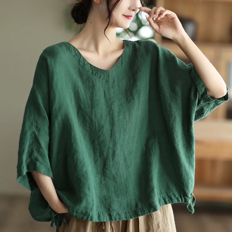 

2025 New Summer for Women's Shirt V-neck Loose Bat Sleeve Strap Fashion Street Top Solid Gentle Casual Blouses for Female Wh1