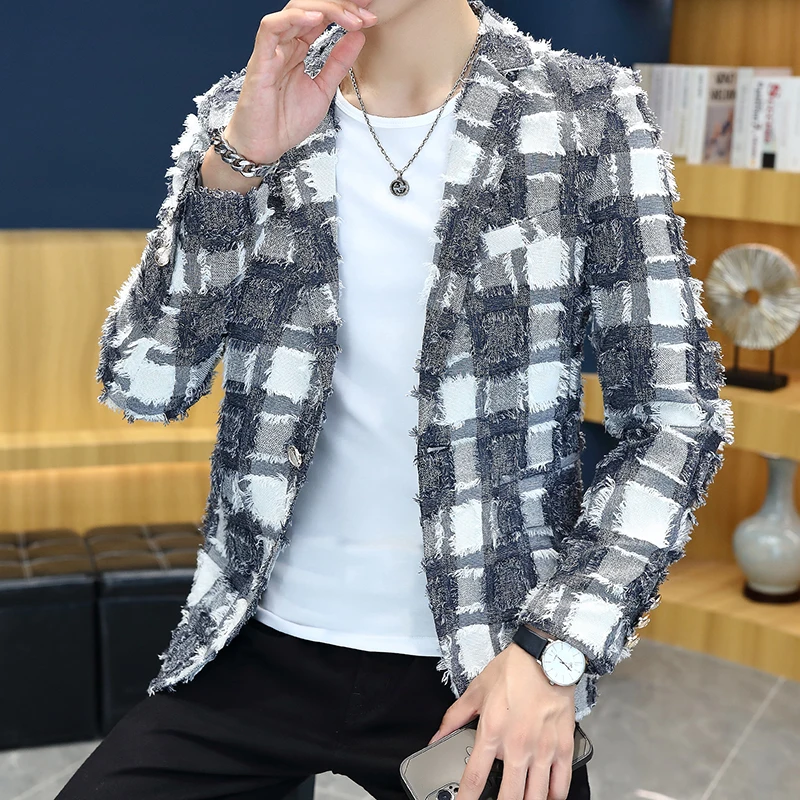 High Quality New Fashion Korean Version Small Suit Male Teenagers Knit Flow Suger Casual Coat Slim Fashion Single Top  Blazer