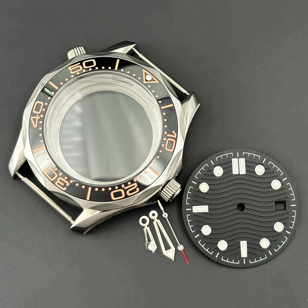 NH35 42mm men's watch case, with ceramic bezel and luminous dial hands, paired with a sapphire glass watch crystal.