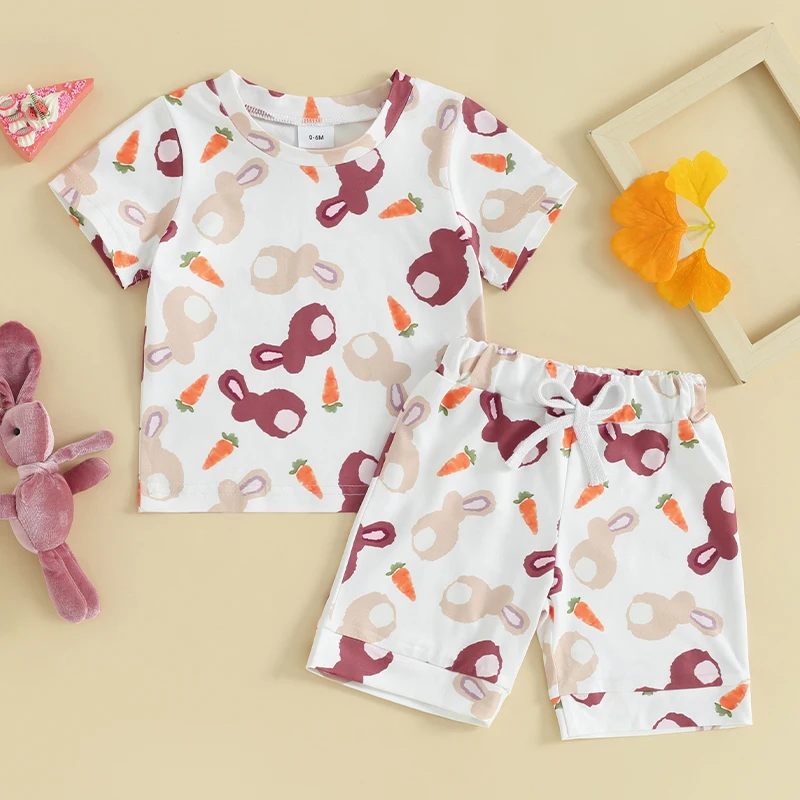 

2023-12-04 Lioraitiin Baby Girls Shorts Set Bunny Carrot Print Short Sleeve T-shirt with Elastic Waist Shorts Summer Outfit