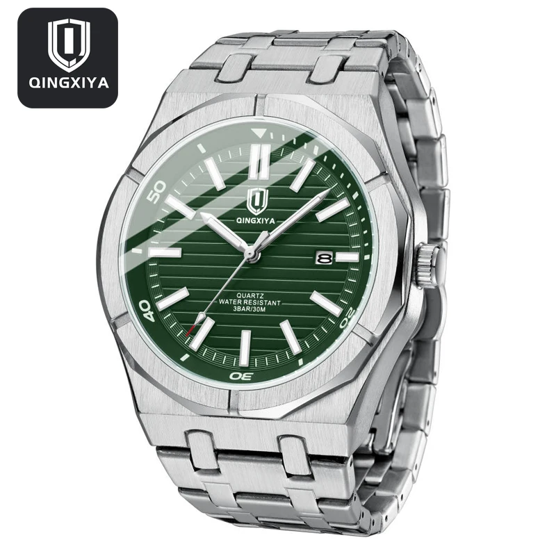 QINGXIYA Brand Fashion Green Quartz Watch for Men Stainless Steel Waterproof Luminous Date Luxury Mens Watches Relogio Masculino