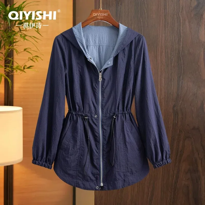 

Fashion Women Sports Casual Blue Reversible Hooded Jacket Slim Fit Outdoor Mmountaineering Sun protection jackets