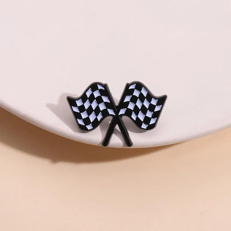 Checkerboard Chequered Flag Enamel Pins Custom Motor Racing Black White Flag Brooches Lapel Badges Funny Jewelry Gifts Wholesale