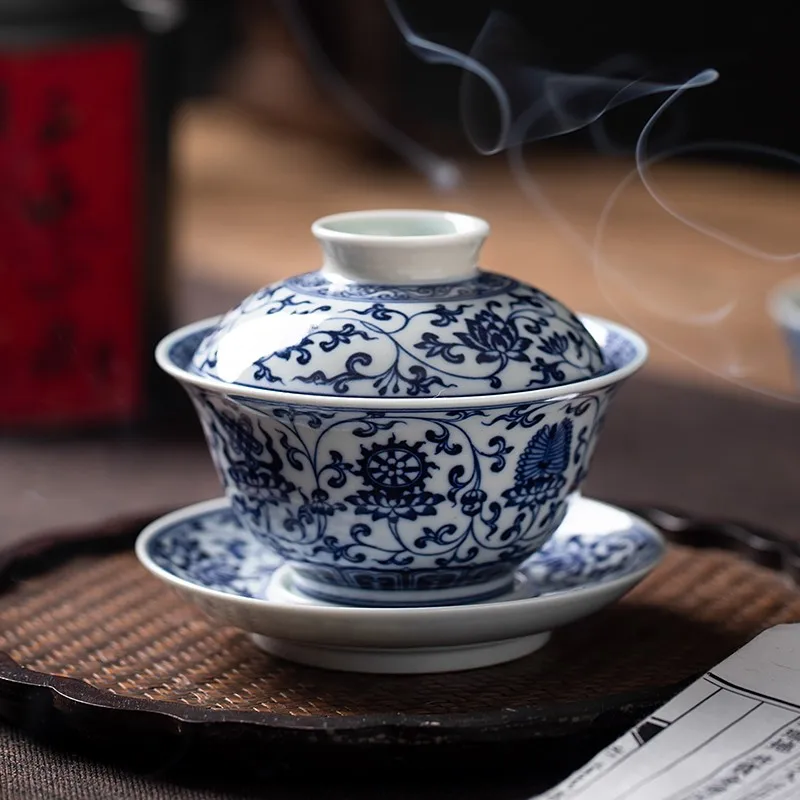 Zhongjia Kiln Firewood Kiln Tureen Single Jingdezhen Blue and White Twine Eight Treasures Three Cai Tea Cup Handmade Large Size