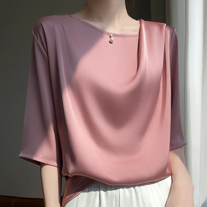 2024 Summer New Ice Silk Short-sleeved T-shirt Women\'s Thin Ice Silk Top Solid Color Satin Loose Short-sleeved Shirt