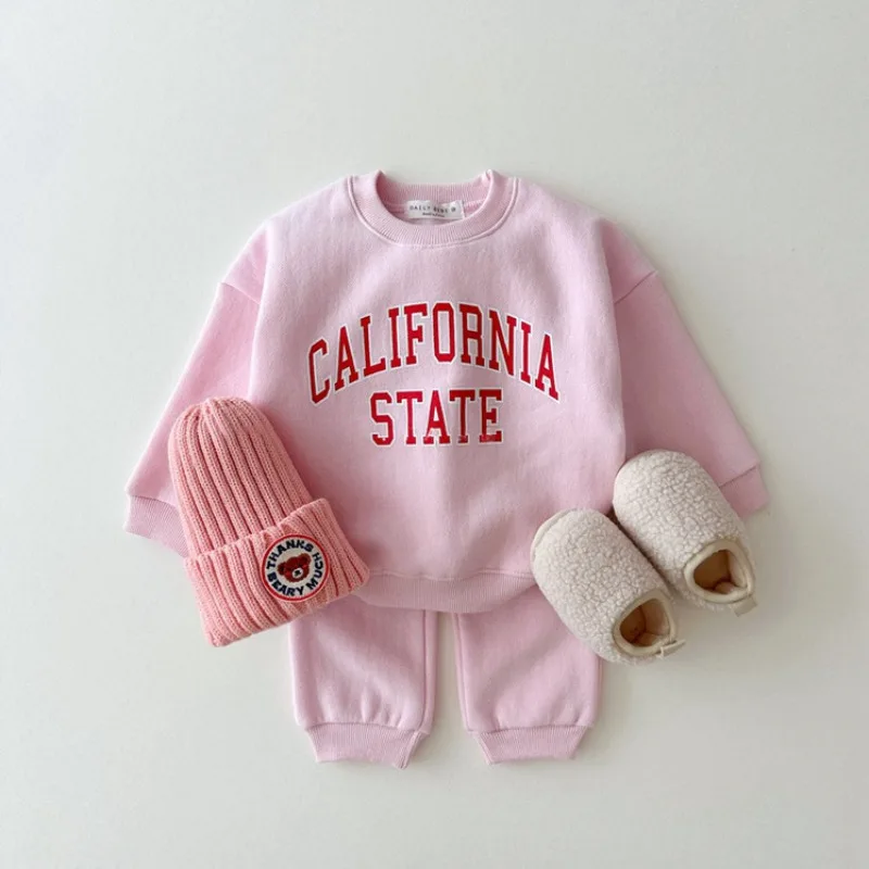 Winter Autumn 2025 New Kids Letter Print Fleece Hoodie + Pants 2-Piece Sets Unisex Thick Warm Tracksuit for Boys Girls 1-7 Years 2