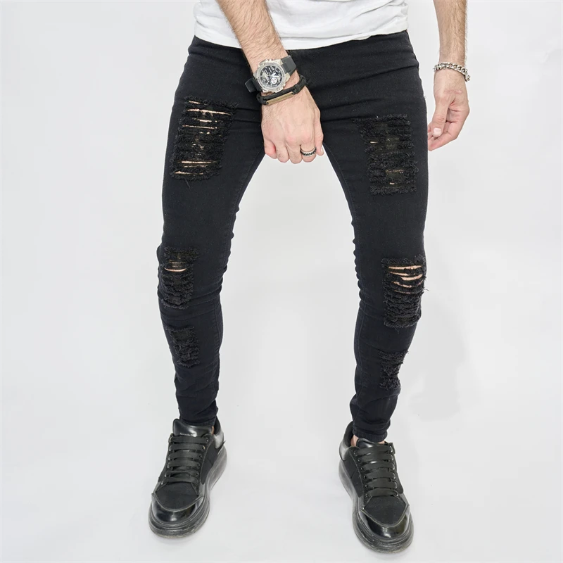 Black Skinny Stretch Ripped Jeans Men's Slim Distressed Kpop Y2K Hip Hop Rock Pants Street Style Ripped Stretch Denim Trousers
