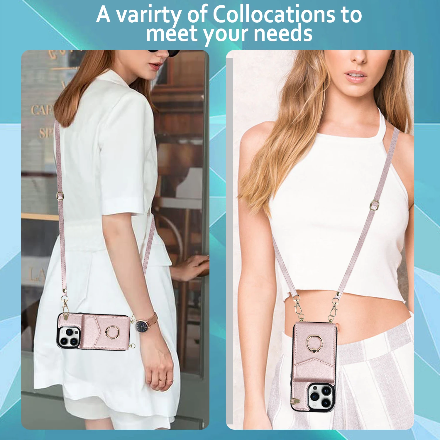 Ring Stand Crossbody Lanyard Leather Case For iPhone 16 15 14 13 12 11 Pro XS X 7 8 Plus RFID Blocking Organ Cards Holder Cover
