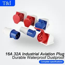 16A/32A 3/4/5Pin IP44 Waterproof Dustproof Durable Electrical Connection Wall Mount Industrial Aviation Connector Socket Plug