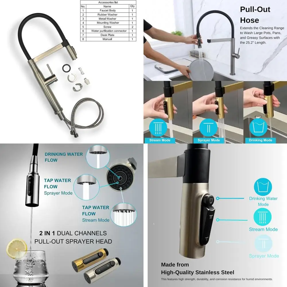 

3-in-1 Stainless Steel Kitchen Faucet with Pull-Out Spray, Dual-Temperature Mixer, and Magnetic Docking