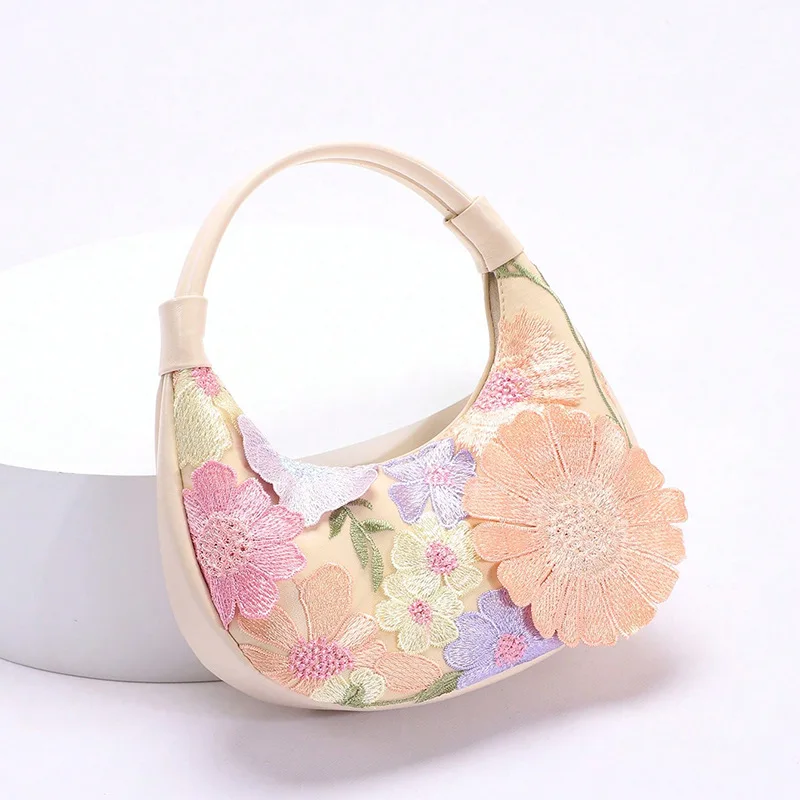 

Fashion Three-dimensional Flower Embroidery Crescent-shaped Hobo Bag Women's Banquet Clutch Lady Bridal Party Shoulder Bag