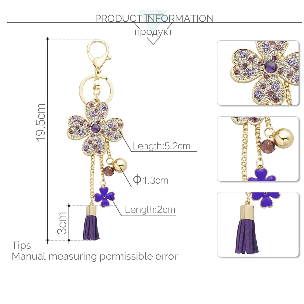 Dalaful Lucky Four Leaves Clover Crystal Key Ring Chains Holder Tassel Bag Buckle Pendant For Car Keyrings KeyChains K304