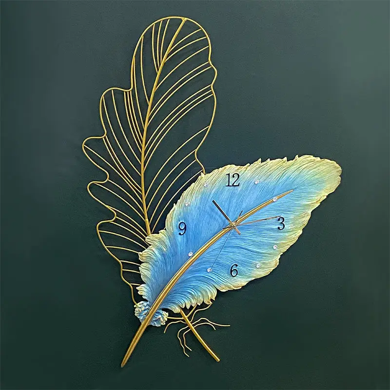 Modern Metal Hollow Feather Resin Wall Clock Hotel Cafe Club Hanging Crafts Home Background Sticker Decoration