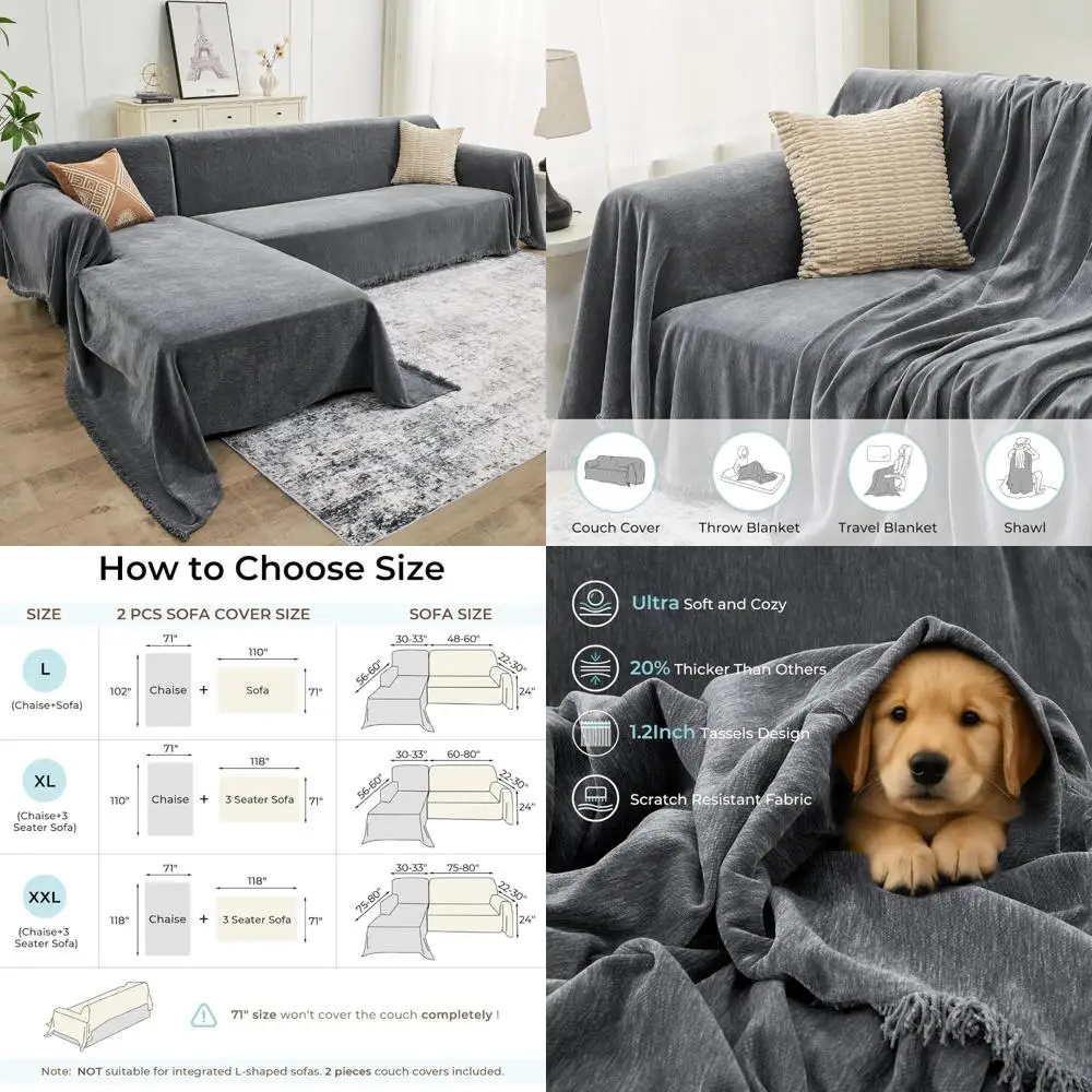 

2-Piece Chenille L-Shaped Sofa Cover Set for Dogs - Washable Pet Furniture Protectors