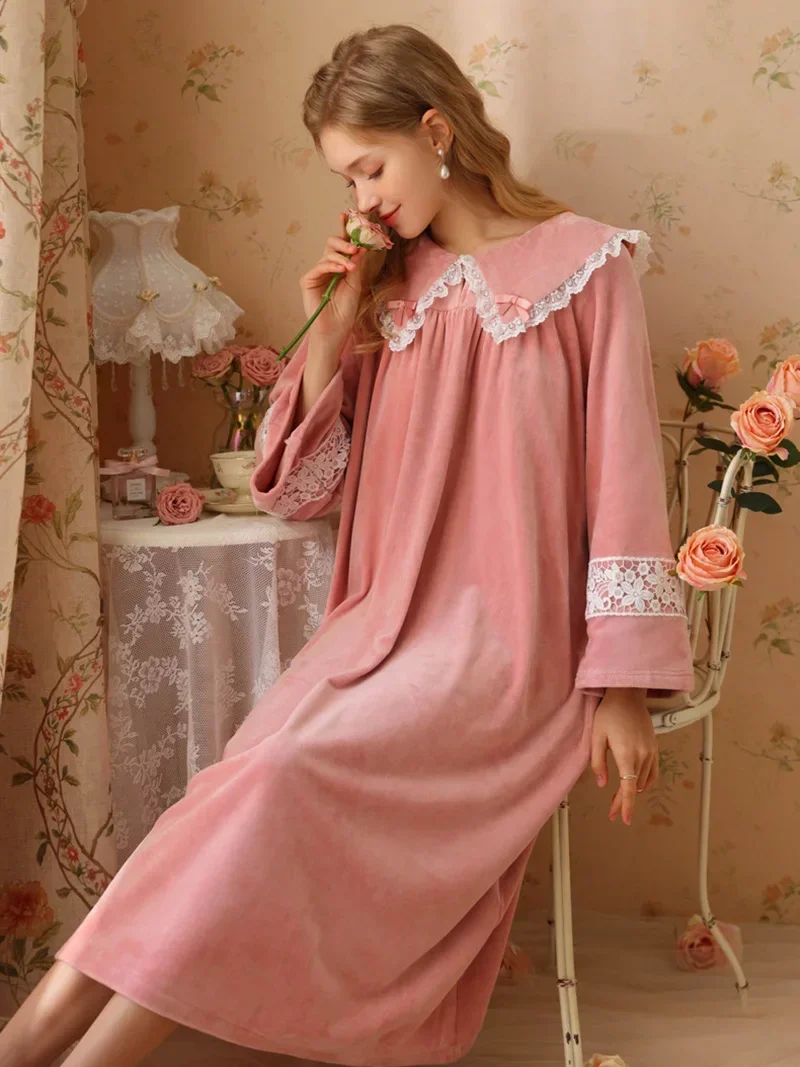 Women Fairy Sleepwear Night Dress Autumn Winter Cute Flannel Long Sleeve Sweet Girl French Princess Fleece Pajama Nightgowns