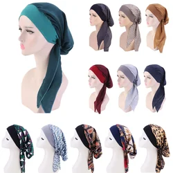 Gorros de turbante con estampado de algodón para mujer, gorro Hijab musulmán de estilo Pastoral, Bandana elástica, banda para el pelo larga, pañuelo para la cabeza indio Bonnt