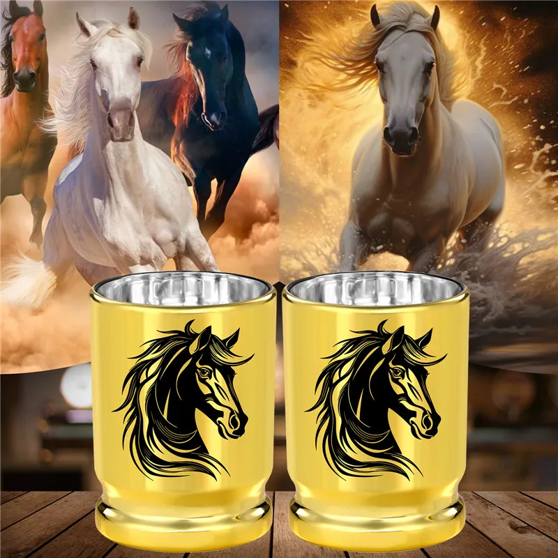 Golden 50 Caliber Plastic Bullet Shot Cups Drinking Cup with Horse Head Pattern Wedding Club Party 3.2oz Shot Glasses Drinkware