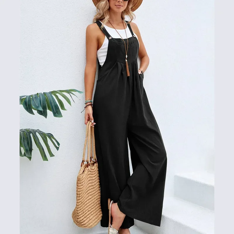 Women's Summer Cotton Linen Sleeveless Adjustable Straps Casual Bib Overalls Jumpsuits with Pockets
