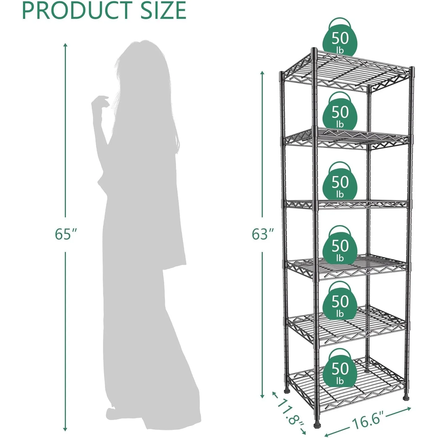 6-Tier Storage Shelves Standing Shelving Metal Units, Adjustable Height Wire Shelf Display Rack for Pantry Laundry Bathroom