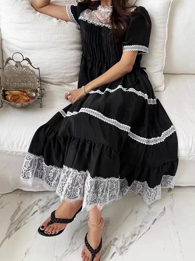 GALCAUR Loose Dress For Women Round Neck Short Sleeve High Waist Lace Panel Colorblock Midi Dresses Female Fashion Clothing 2024