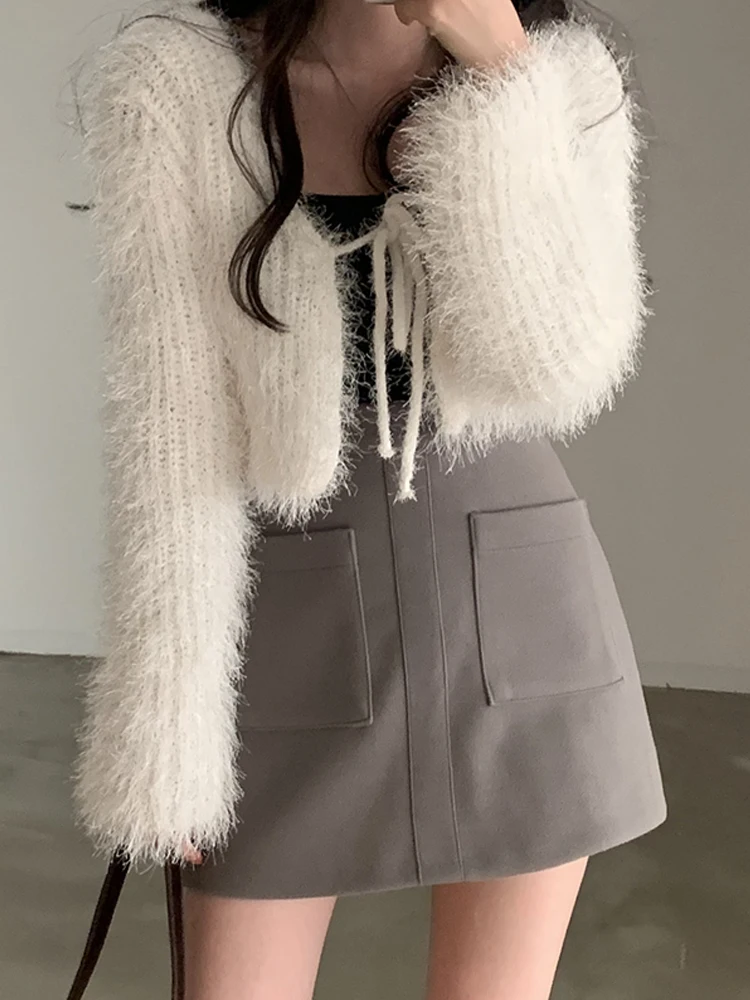 Korean Sle ort Knitted Sweater Coat Women's Autumn Winter High Waist Fluffy Cardigan Loose Fit Commute Sle Long Sve