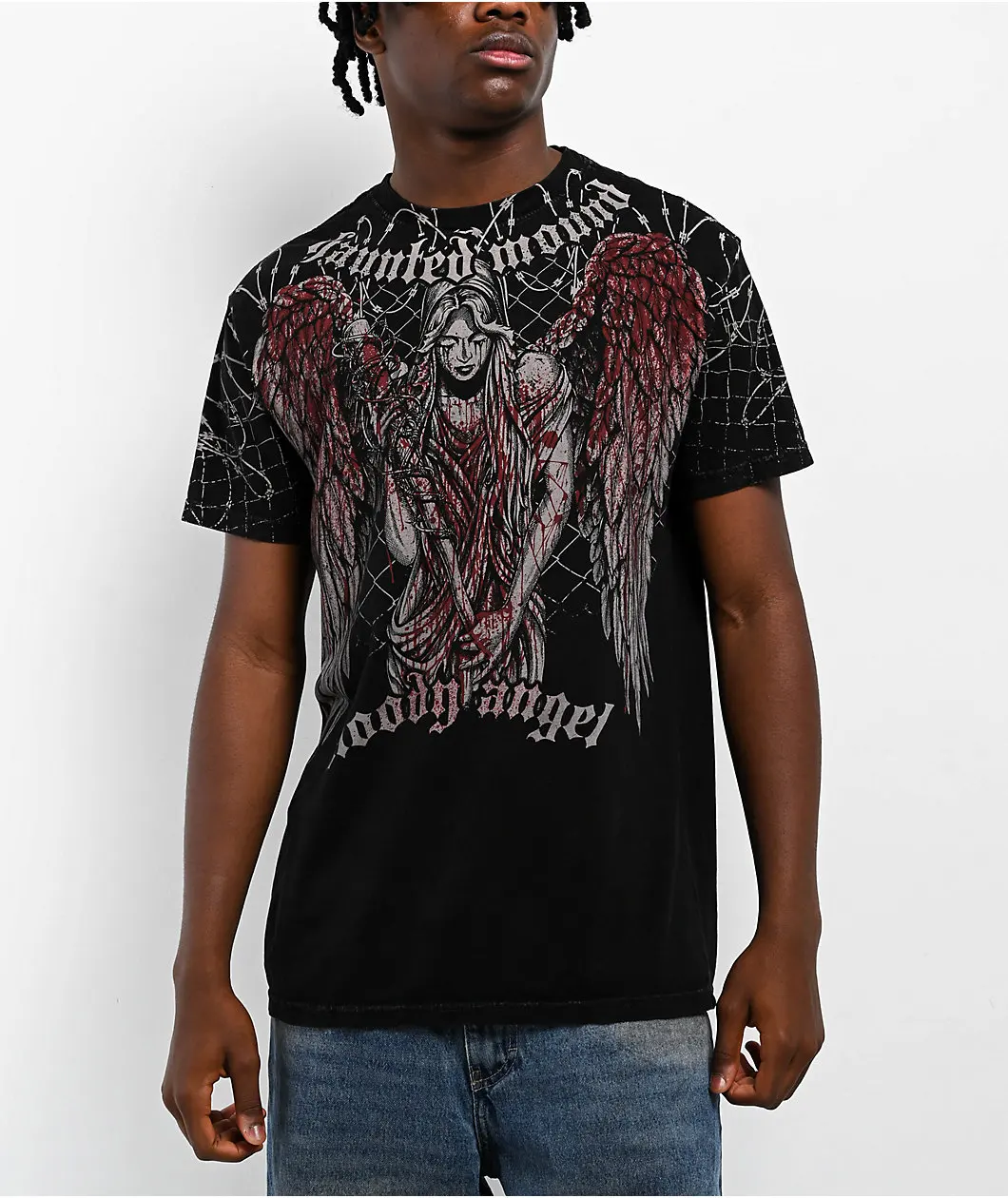 Affliction x Haunted Mound bloody angel graphic t shirts high street oversized t shirt cotton short sleeved couples y2k top