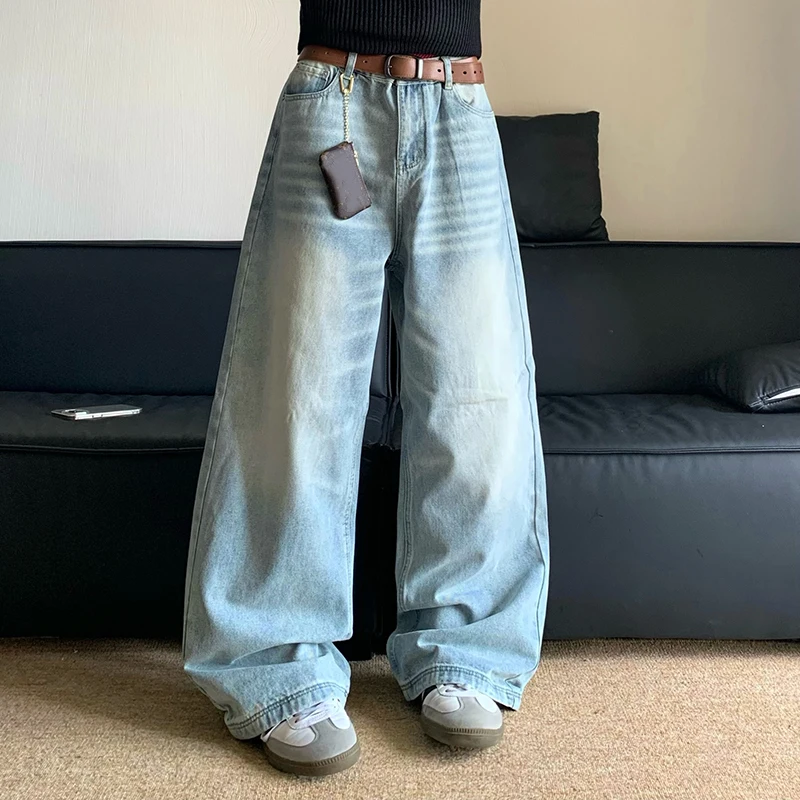 FEWQ American Washed Men's Jeans High Street Loose Straight Leg Wide Leg Pants 2024 Vintage Korea Fashion Male Trousers 24E1565