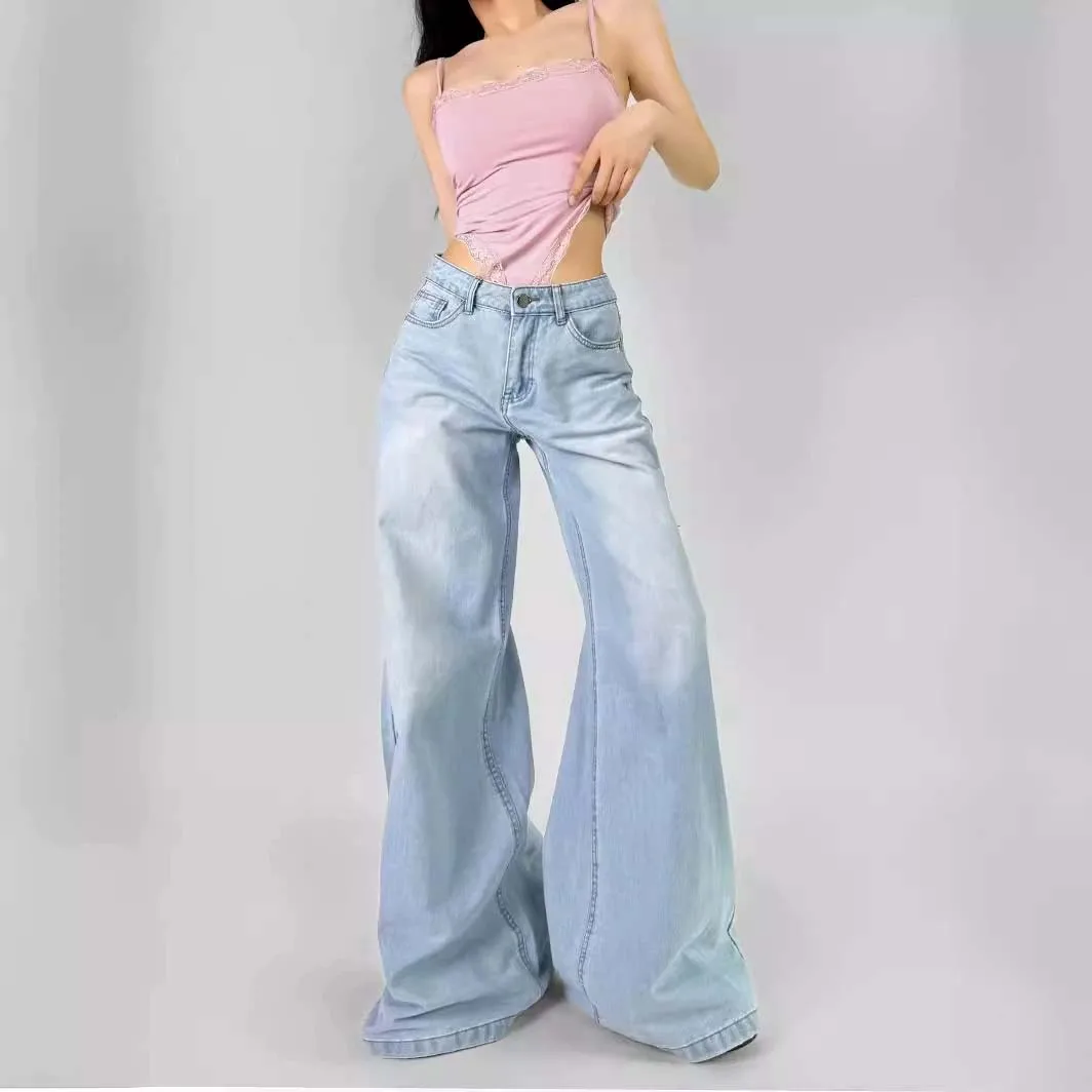 

new Women's Y2K Basics Straight Blue Denim Trouser Vintage Casual Emo Baggy Pants 2000s Streetwear High Waist Wide Leg Jeans