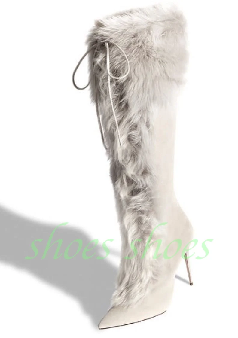 

Lady Fur White Pointed Toe Suede Knee Boots Footwear Winter Dress Warm Runway Fur Feather Boots Lace-Up Gladiator Style Boots 46