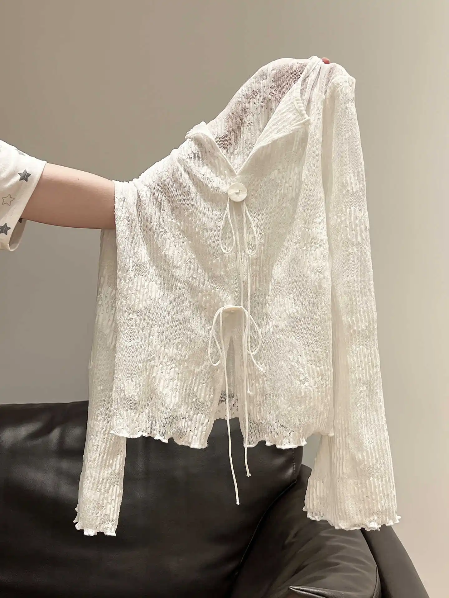 Kardigan Rajut Putih, Blus Lengan Panjang Berumbai di Telinga, Wanita Musim Gugur Awal 2025, Model Langsing, Renda Sedikit Transparan