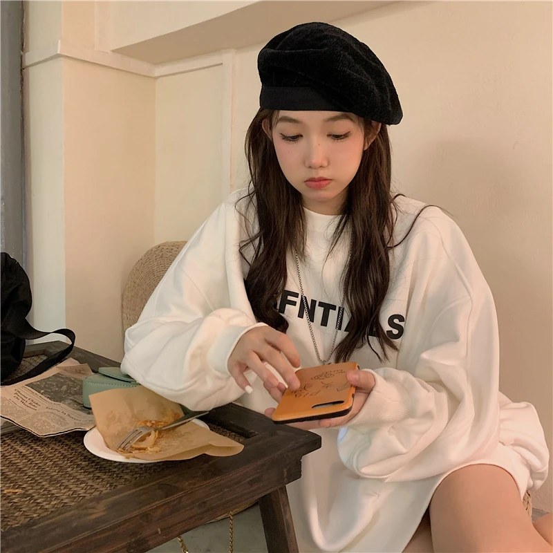 Women Dark Green Sweatshirt Letter Printing Crew Neck Korean Fashion Baggy Vintage Leisure Long Sleeves Pullover Tops Winter