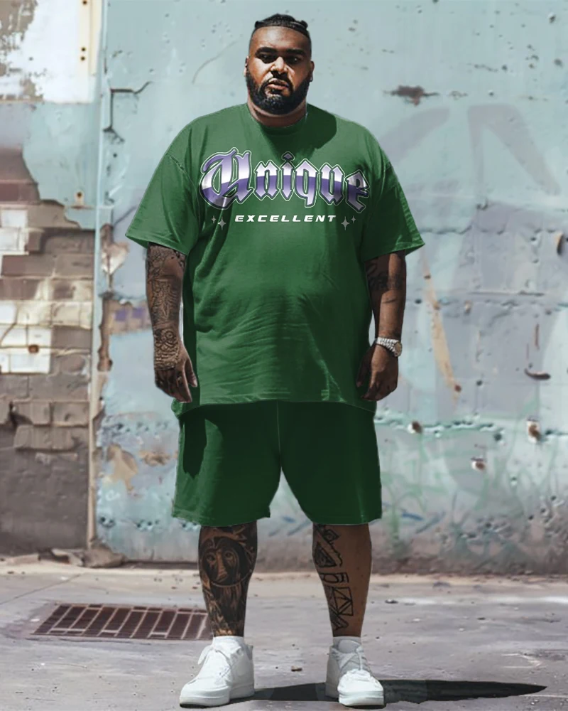 Men's Plus Size T-Shirt and Shorts Set, Portrait and Letter Graphics on Front and Back, Short Sleeve Crew Neck for Streetwear