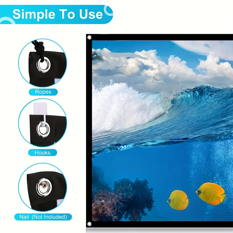 100-дюймовый мягкий экран высокой плотности с веревкой. Можно сложить. Портативный. Можно очищать. Можно гладить.