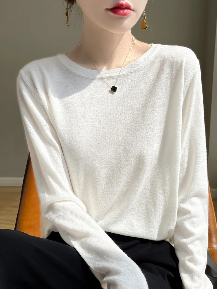 

Fine Spun Thin Wool Knitted Top Women's round Ne Thin Loose Long Sve Silk T-irt Underwear Base irt Upper Body