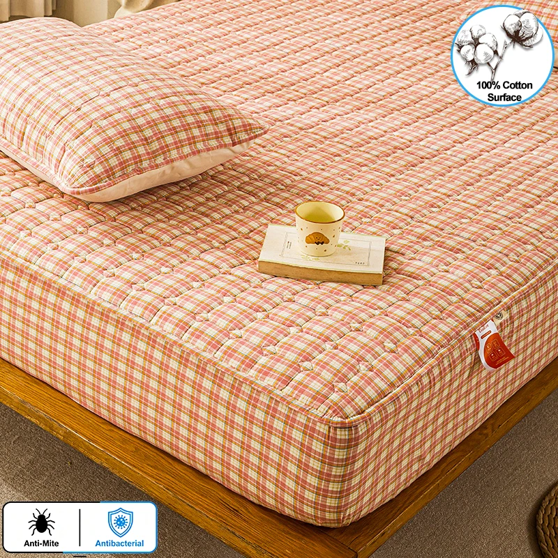 100% Cotton Surface Plaid Quilted Fitted Mattress Protector, Anti-Mite Antibacterial Mattress Cover, Soft Breathable Bed Cover