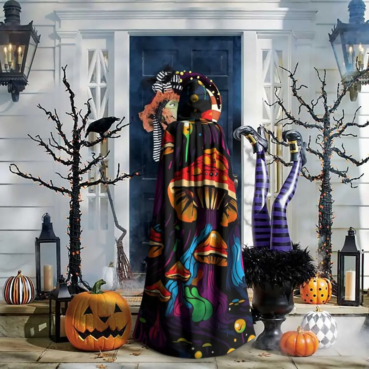 Acid Trippy Weird Psychedelic Wavy Mushroom Long Hooded Cloak Witch Medieval Costume Cosplay Cape HalloweenCoat Adult Unisex