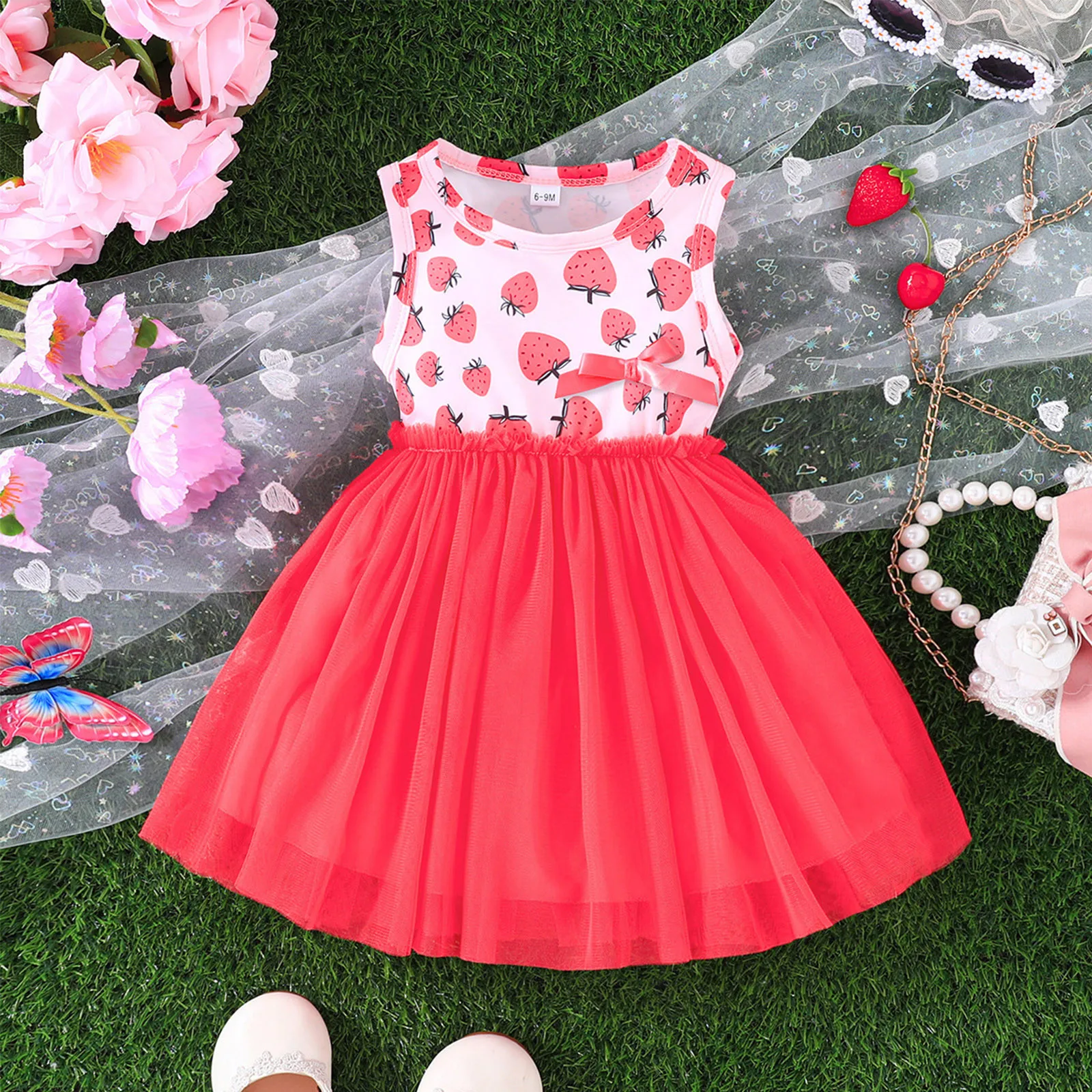 Summer 1-5 Years Little Girl Princess Dress Clothing Baby Girl Sleeveless Strawberry Print Mesh Dress For Kids Girl Party